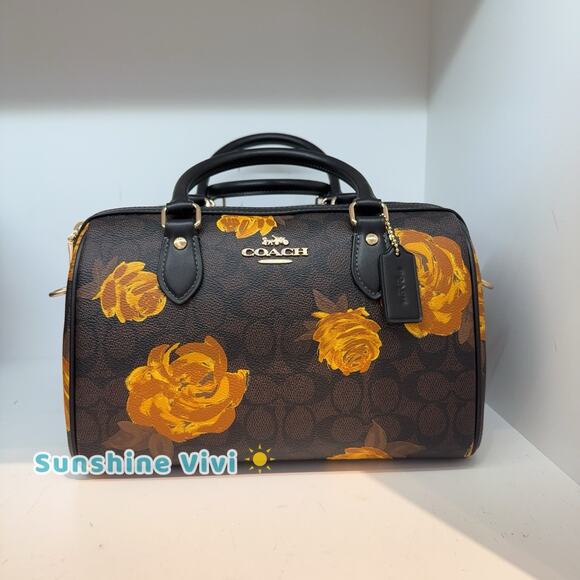 NWT Coach CCE30 Rowan Satchel Bag Canvas &Leather with Floral Print Walnut/Black - Picture 1 of 13